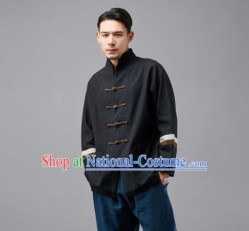 Chinese Traditional Costume Tang Suit Black Overcoat National Mandarin Jacket for Men