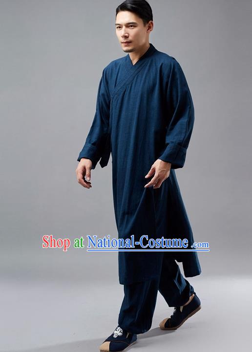 Chinese Traditional Costume Tang Suit Martial Arts Navy Robe National Mandarin Gown for Men