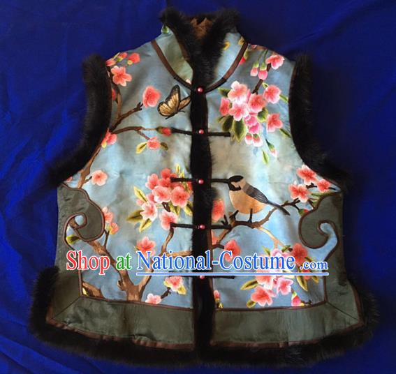 Chinese Traditional Costume Tang Suit Embroidered Blue Vest National Silk Waistcoat for Women