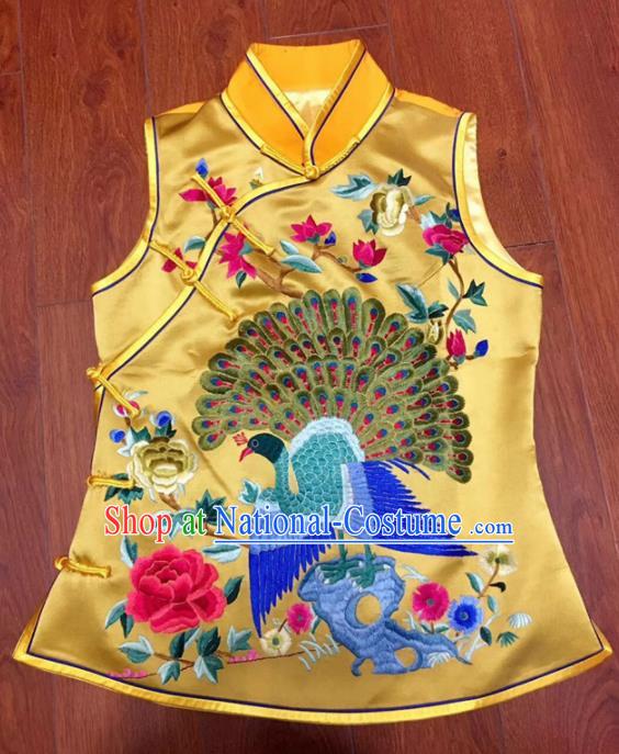 Chinese Traditional Costume Tang Suit Embroidered Yellow Vest National Silk Waistcoat for Women