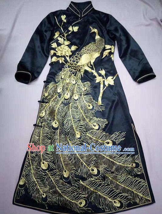 Chinese Traditional Costume Tang Suit Embroidered Cheongsam National Black Silk Qipao Dress for Women