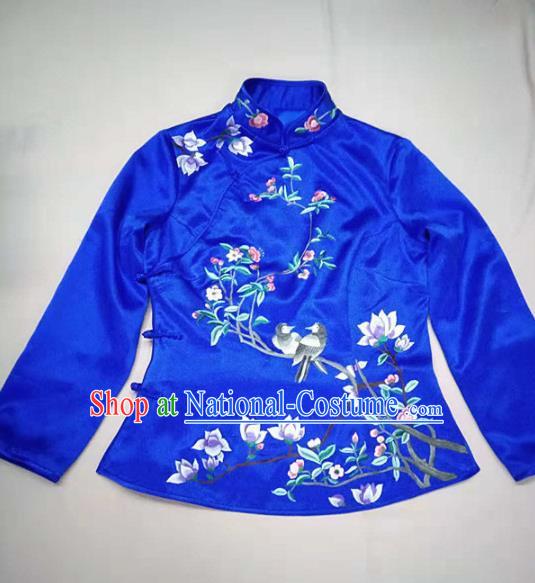 Chinese Traditional Costume Tang Suit Embroidered Blue Blouse National Silk Qipao Shirt for Women