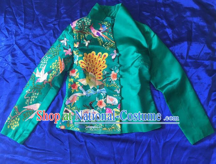 Chinese Traditional Costume Tang Suit Embroidered Green Blouse National Silk Qipao Coat for Women