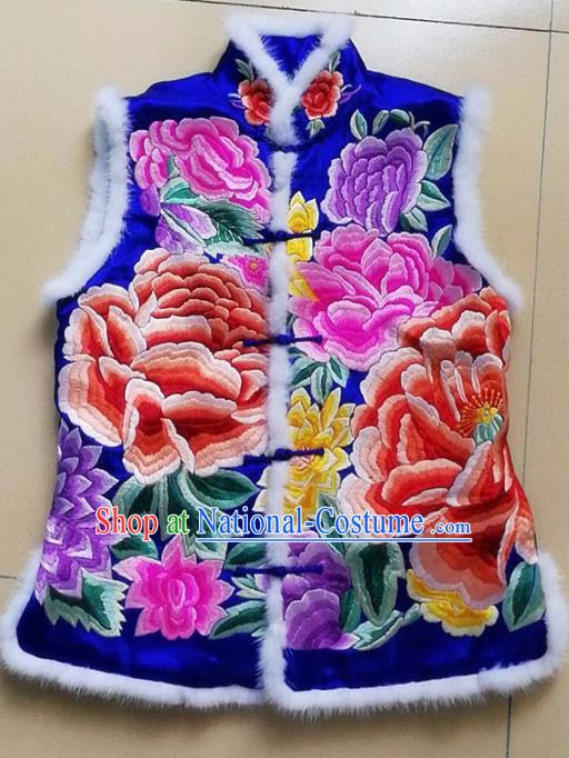 Chinese Traditional Costume Tang Suit Embroidered Peony Blue Vest National Silk Qipao Waistcoat for Women