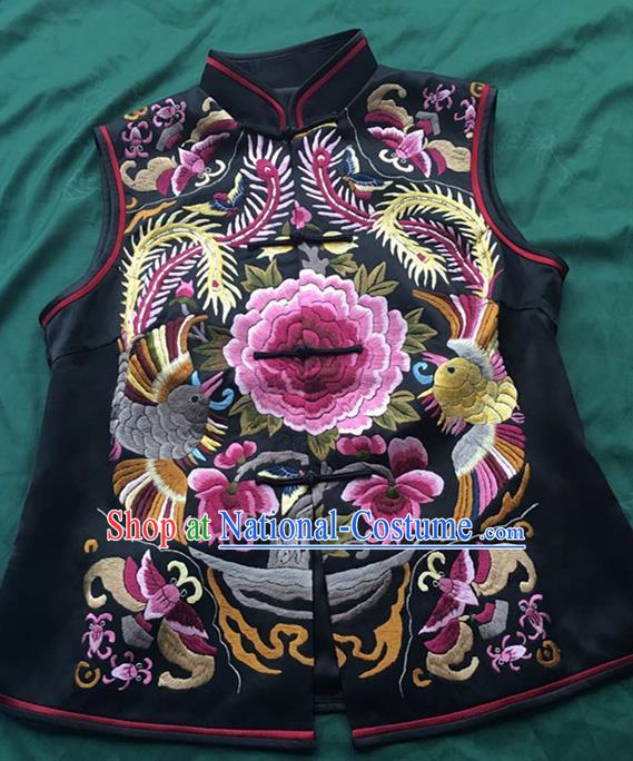 Chinese Traditional Costume Tang Suit Embroidered Peony Black Vest National Silk Qipao Waistcoat for Women