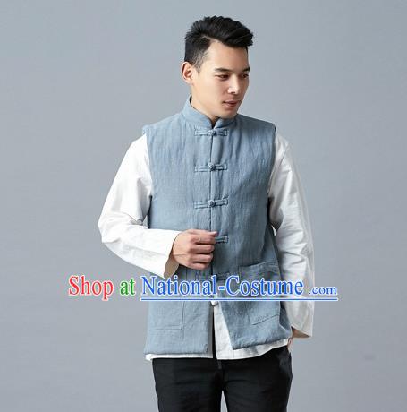 Chinese Traditional Costume Tang Suit Blue Vest National Mandarin Waistcoat for Men