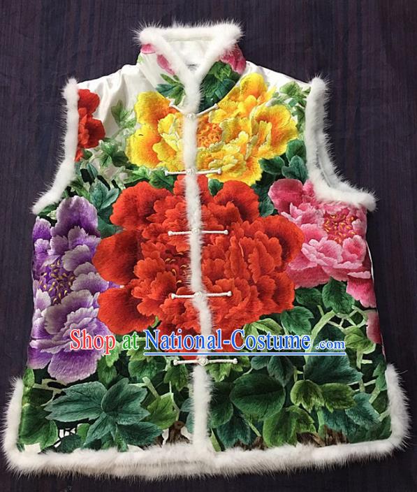 Chinese Traditional Costume Tang Suit Embroidered Peony Vest National White Silk Waistcoat for Women