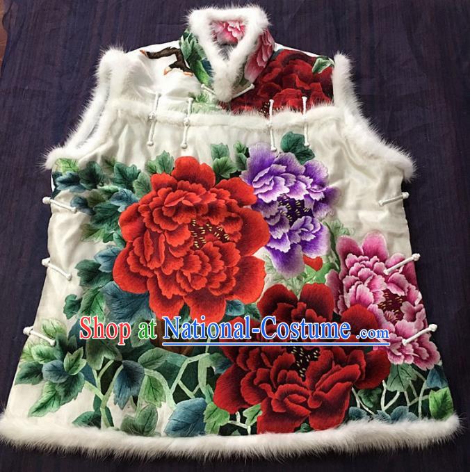 Chinese Traditional Costume Tang Suit Embroidered Peony White Vest National Silk Waistcoat for Women