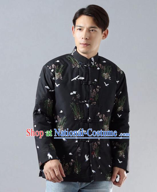 Chinese Traditional Costume Tang Suit Black Cotton Padded Jacket National Mandarin Overcoat for Men