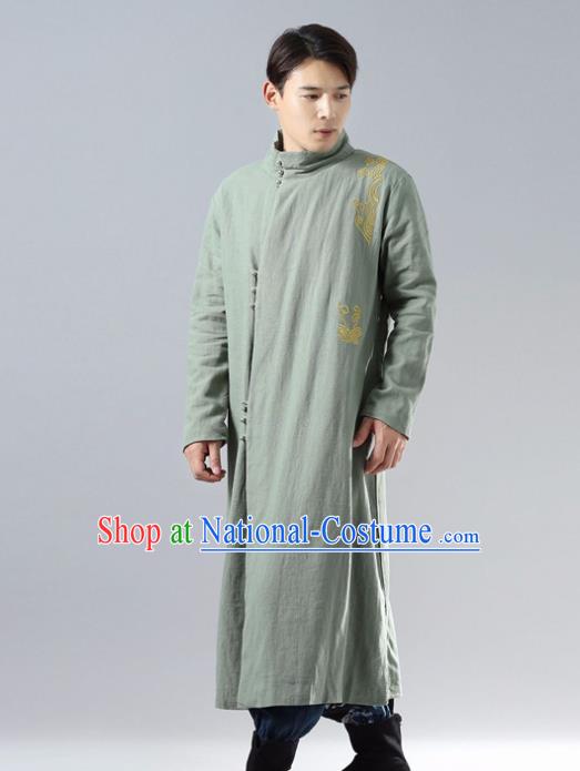 Chinese Traditional Costume Tang Suit Green Cotton Padded Robe National Mandarin Overcoat for Men