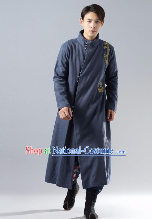 Chinese Traditional Costume Tang Suit Navy Cotton Padded Robe National Mandarin Overcoat for Men