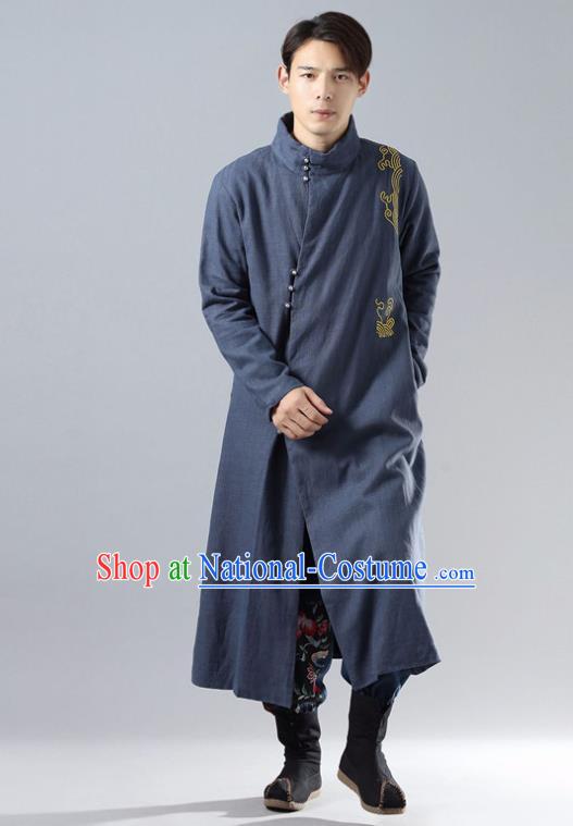 Chinese Traditional Costume Tang Suit Navy Cotton Padded Robe National Mandarin Overcoat for Men