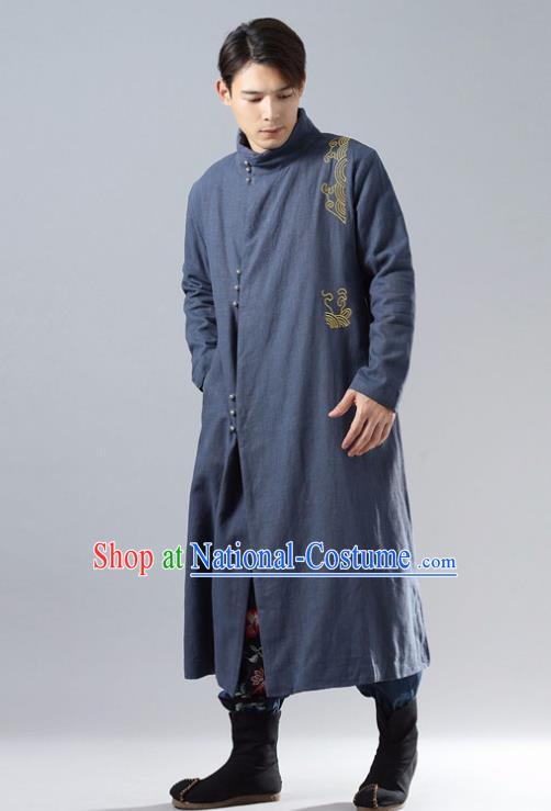 Chinese Traditional Costume Tang Suit Navy Cotton Padded Robe National Mandarin Overcoat for Men