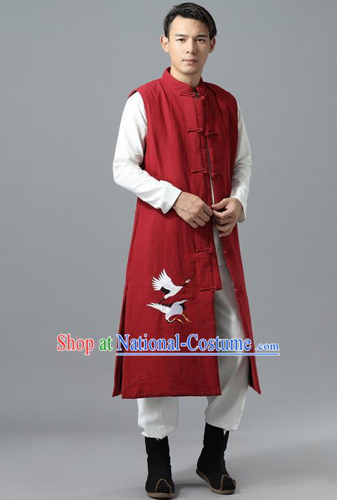 Chinese Traditional Costume Tang Suit Red Cotton Padded Vest National Mandarin Overcoat for Men