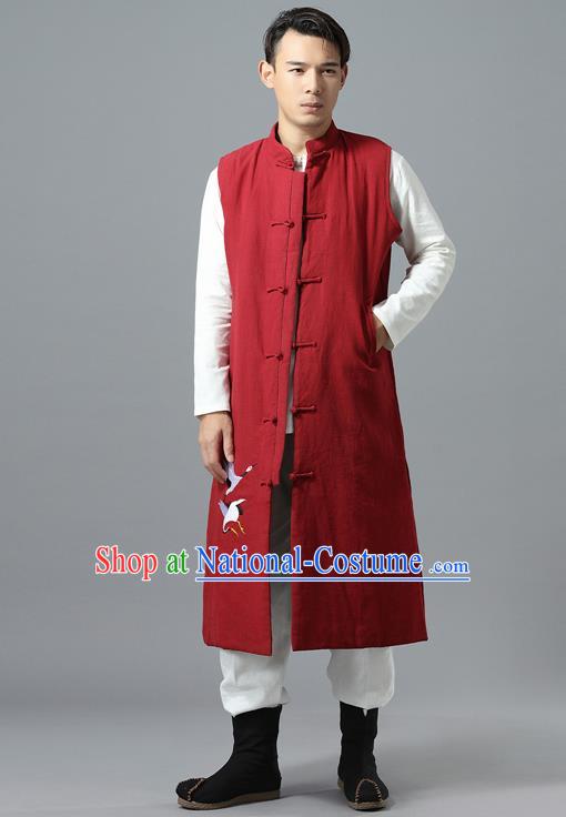 Chinese Traditional Costume Tang Suit Red Cotton Padded Vest National Mandarin Overcoat for Men