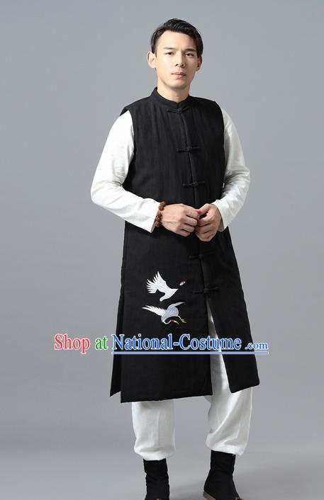 Chinese Traditional Costume Tang Suit Black Cotton Padded Vest National Mandarin Overcoat for Men