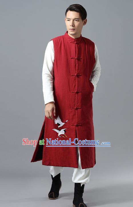 Chinese Traditional Costume Tang Suit Red Cotton Padded Vest National Mandarin Overcoat for Men