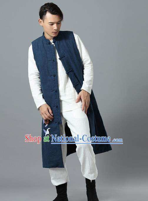 Chinese Traditional Costume Tang Suit Navy Cotton Padded Vest National Mandarin Overcoat for Men