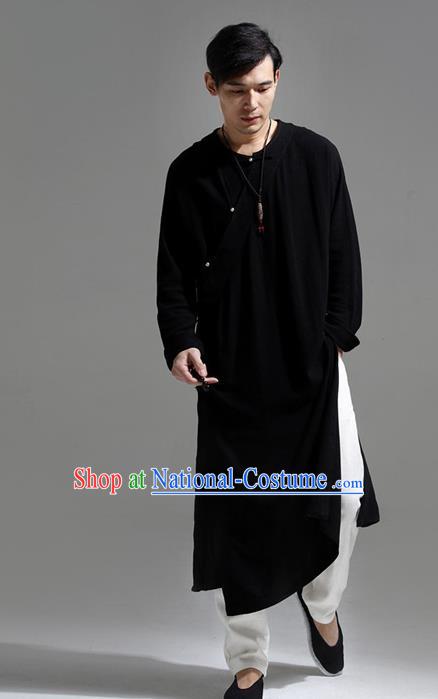 Chinese Traditional Costume Tang Suit Black Slant Opening Robe National Mandarin Overcoat for Men