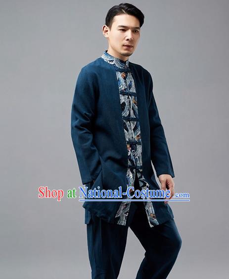 Chinese Traditional Costume Tang Suit Navy Coat National Mandarin Jacket for Men