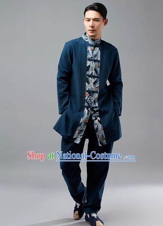 Chinese Traditional Costume Tang Suit Navy Coat National Mandarin Jacket for Men