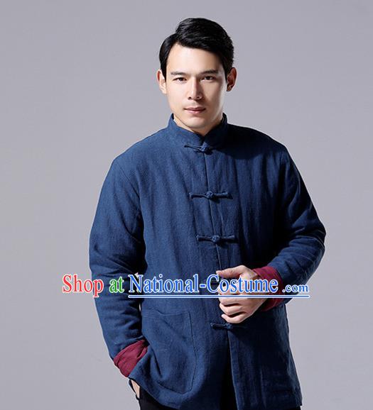 Chinese Traditional Costume Tang Suit Overcoat National Mandarin Navy Jacket for Men