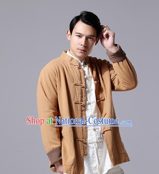 Chinese Traditional Costume Tang Suit Overcoat National Mandarin Khaki Jacket for Men