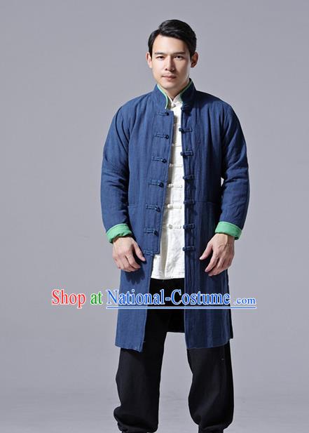 Chinese Traditional Costume Tang Suit Navy Overcoat National Mandarin Dust Coat for Men