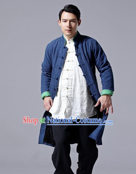 Chinese Traditional Costume Tang Suit Navy Overcoat National Mandarin Dust Coat for Men