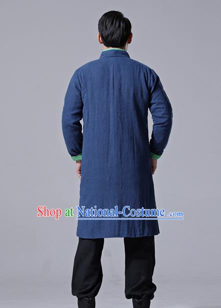 Chinese Traditional Costume Tang Suit Navy Overcoat National Mandarin Dust Coat for Men