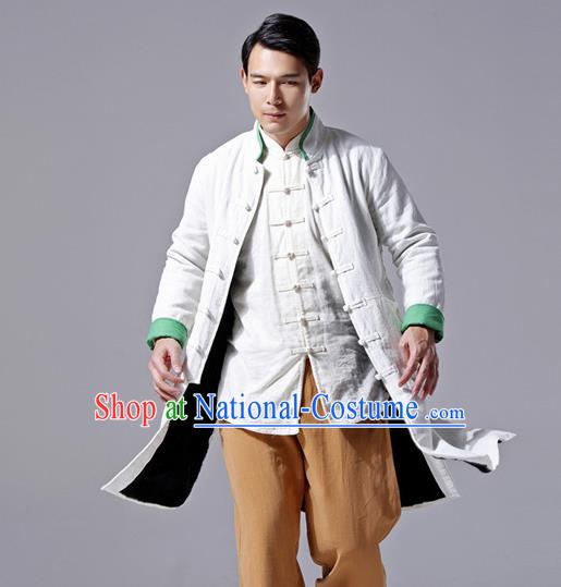 Chinese Traditional Costume Tang Suit White Overcoat National Mandarin Dust Coat for Men