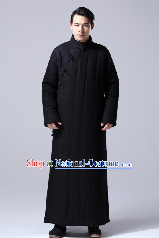 Chinese Traditional Costume Tang Suit Black Cotton Wadded Robe National Mandarin Dust Coat for Men