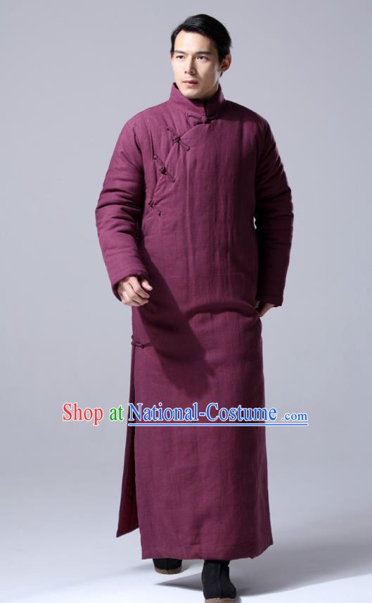 Chinese Traditional Costume Tang Suit Wine Red Cotton Wadded Robe National Mandarin Dust Coat for Men