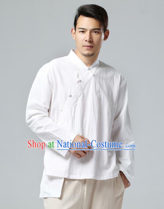 Chinese Traditional Costume Tang Suit White Shirt National Mandarin Upper Outer Garment for Men