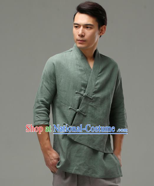 Chinese Traditional Costume Tang Suit Green Shirt National Mandarin Upper Outer Garment for Men