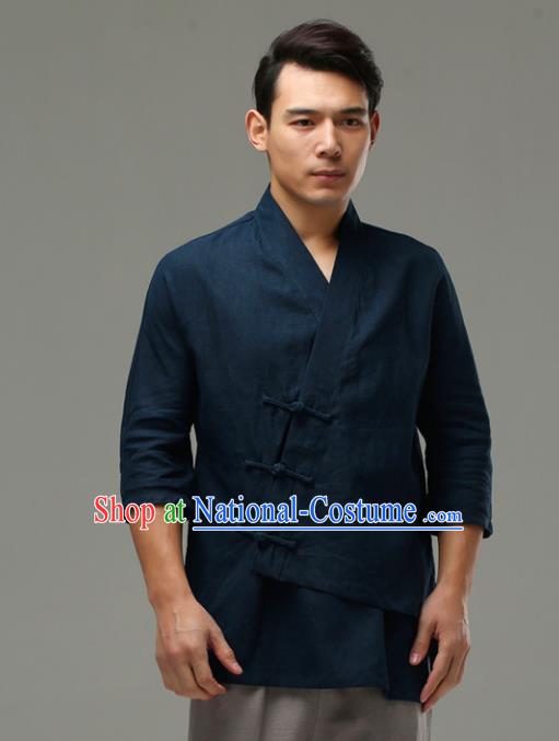 Chinese Traditional Costume Tang Suit Navy Shirt National Mandarin Upper Outer Garment for Men