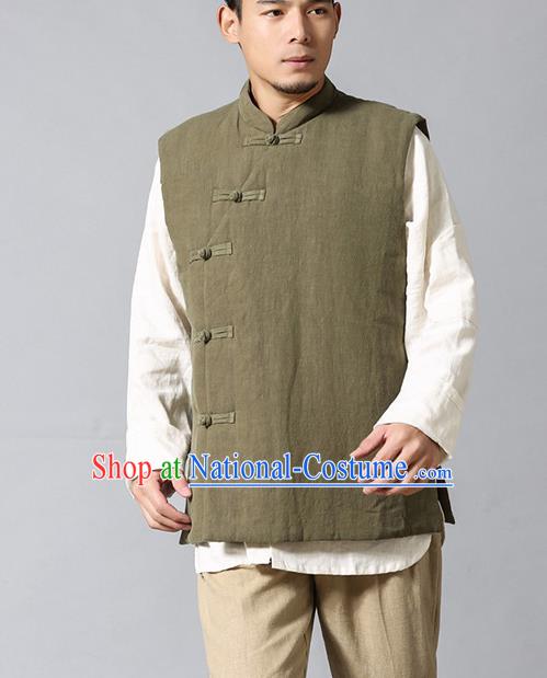 Chinese Traditional Costume Tang Suit Waistcoat National Army Green Mandarin Vest Upper Outer Garment for Men