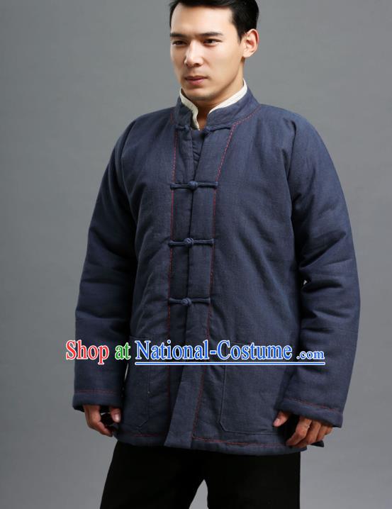 Chinese Traditional Costume Tang Suit Navy Overcoat National Mandarin Cotton Wadded Jacket for Men