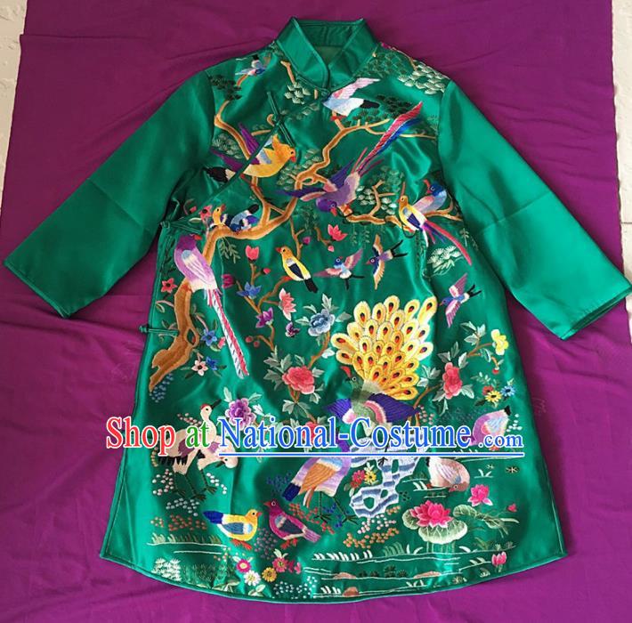 Chinese Traditional Costume Tang Suit Embroidered Green Qipao National Silk Cheongsam for Women