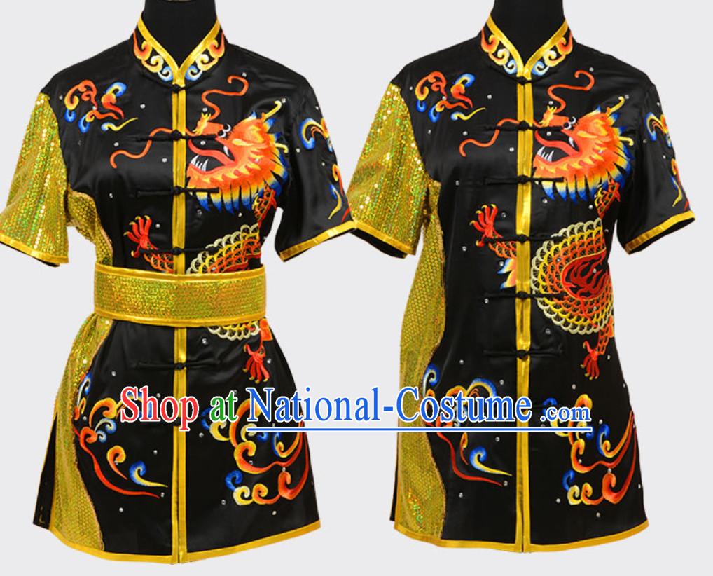 Black Top Short Sleeves Asian Embroidered Dragon Tai Chi Clothes Martial Arts Uniform Complete Set for Men or Women