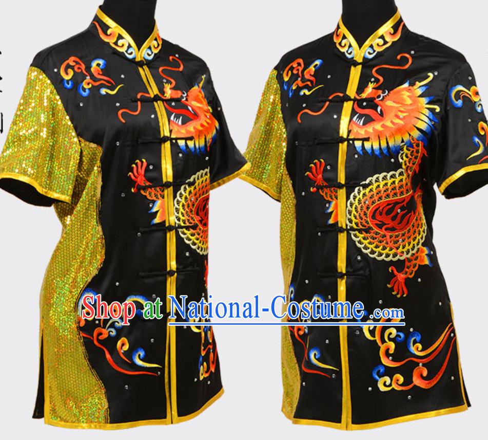 Black Top Short Sleeves Asian Embroidered Dragon Tai Chi Clothes Martial Arts Uniform Complete Set for Men or Women