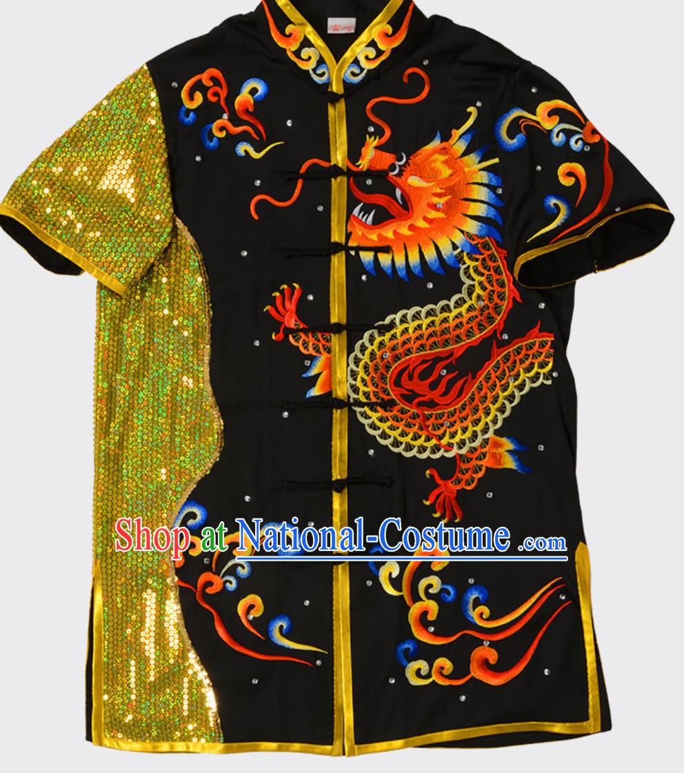 Black Top Short Sleeves Asian Embroidered Dragon Tai Chi Clothes Martial Arts Uniform Complete Set for Men or Women