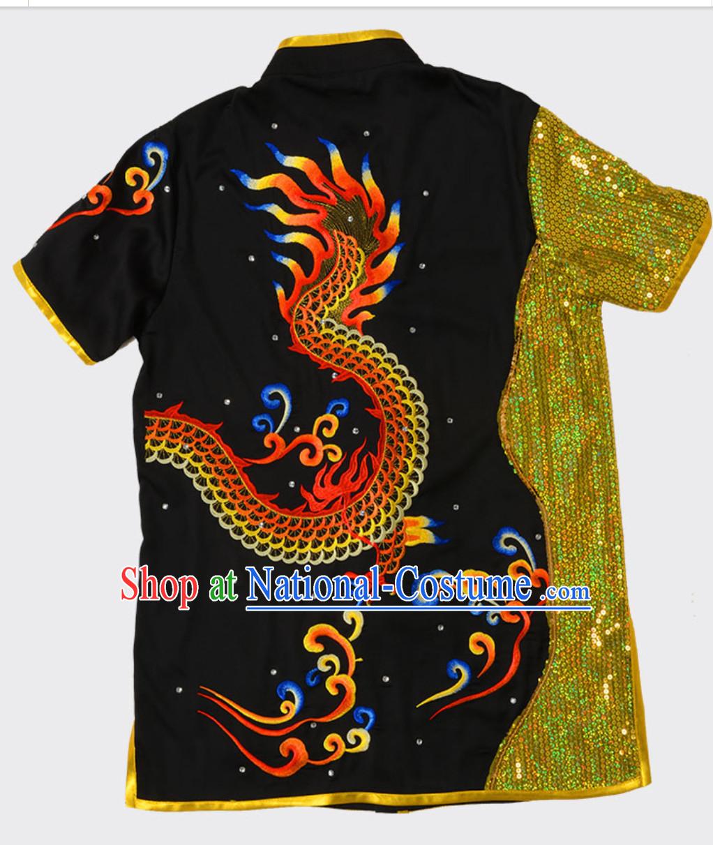 Black Top Short Sleeves Asian Embroidered Dragon Tai Chi Clothes Martial Arts Uniform Complete Set for Men or Women