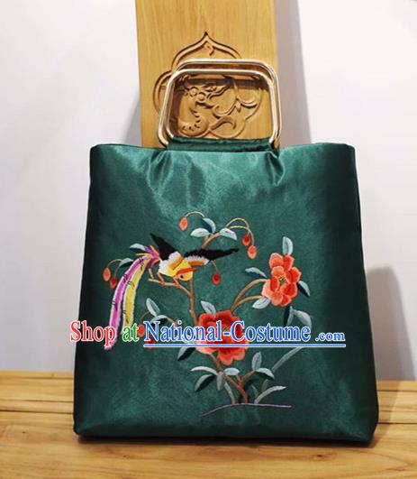 Chinese Traditional Handmade Embroidery Craft Embroidered Peony Green Handbag