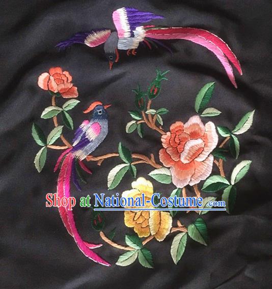 Chinese Traditional Handmade Embroidery Craft Embroidered Peony Birds Silk Patches