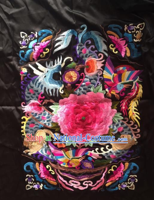 Chinese Traditional Handmade Embroidery Craft Embroidered Dragon Peony Black Silk Patches