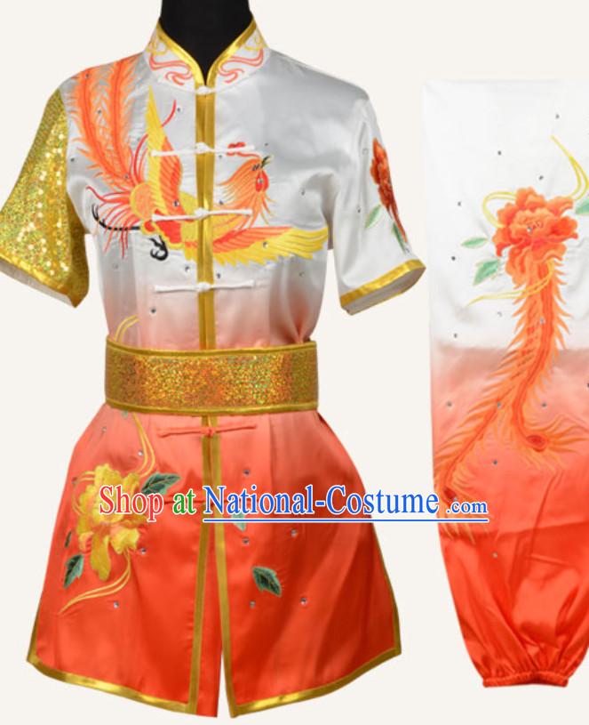 Top Chinese Embroidered Phoenix Peony Gongfu Outfits Martial Arts Uniforms Complete Set for Men or Women