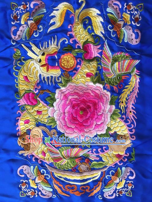 Chinese Traditional Handmade Embroidery Craft Embroidered Dragon Peony Blue Silk Patches