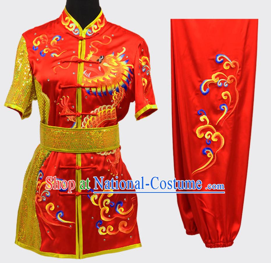 Lucky Red Top Short Sleeves Asian Embroidered Dragon Tai Chi Clothes Martial Arts Uniform Complete Set for Men or Women