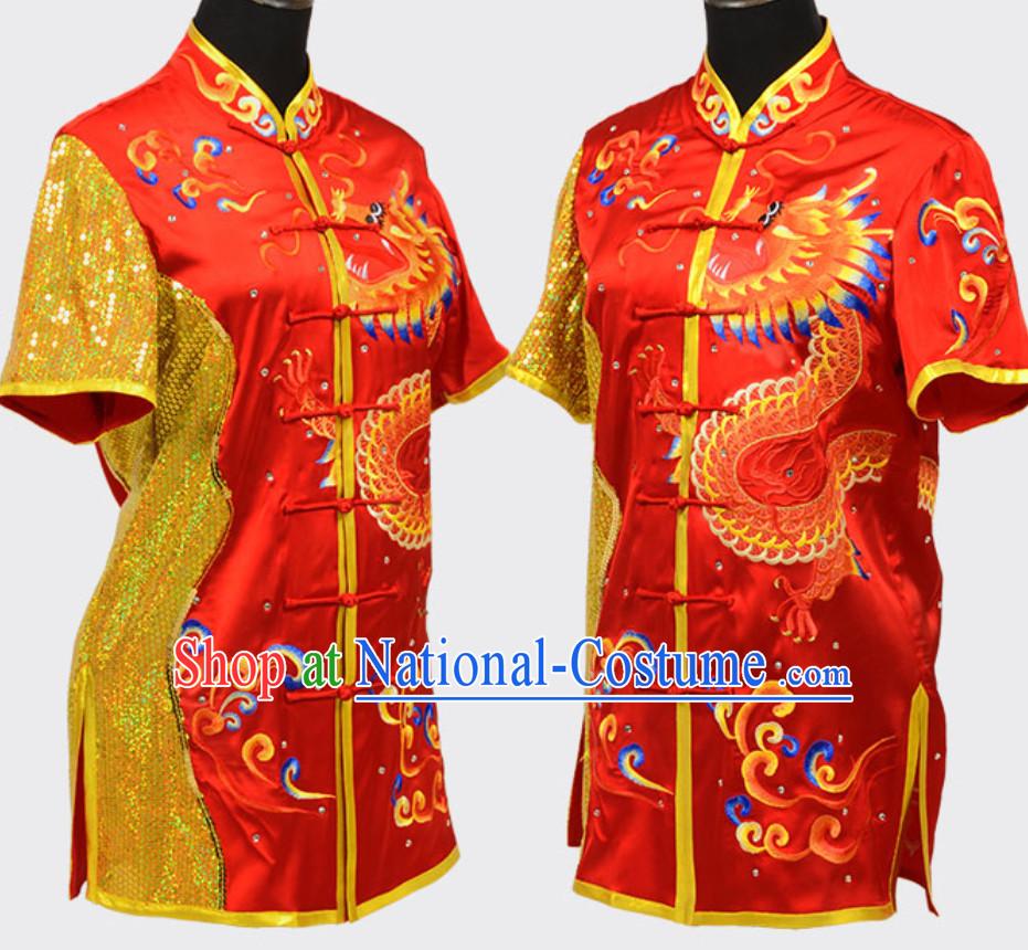 Black Top Short Sleeves Asian Embroidered Dragon Tai Chi Clothes Martial Arts Uniform Complete Set for Men or Women